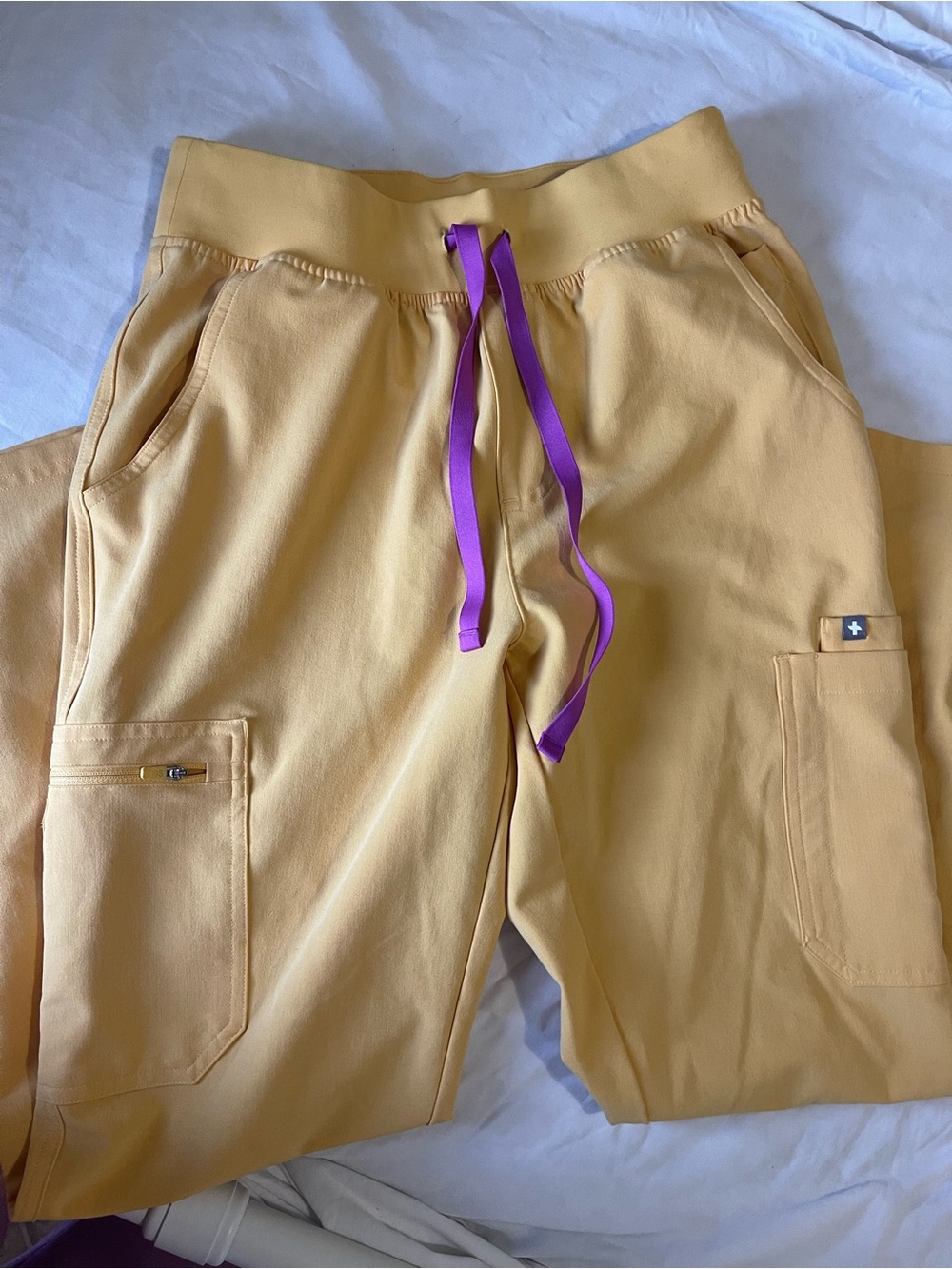 Figs Men's Cargo Pants in Mustard Yellow with Purple Drawstring